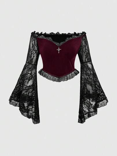 Plus Size Women Gothic Off Shoulder Lace Bell Sleeve Velvet Fitted Top