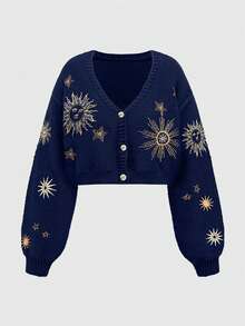ROMWE Hippie Plus Size Women Mysterious Date Witch Style Sun & Moon Embroidery Cardigan Sweater/Winter - Navy Blue - View 1