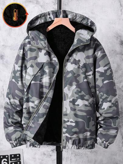 1pc Camouflage Hooded Fleece Jacket, Versatile For Teens, Suitable For Daily Commute, Autumn/Winter