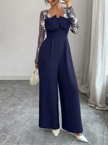 Elenzga Elegancki kombinezon damski z szerokimi nogawkami i plisowaną siateczką z kwiatowym haftem