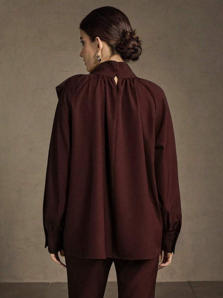 WOMEN OVERSIZED RUCHED TIE NECK BLOUSE