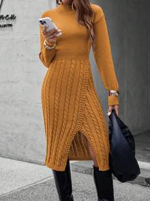 EMERY ROSE Waist-Cinched Long Slit Elegant Women Sweater Dress - Orange - View 6