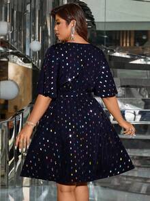 SHEIN Clasi Plus Size Women Laser Sequin Waist Flattering Elegant Light Cocktail Dress - Navy Blue - View 2