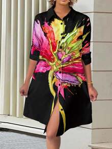 SHEIN LUNE 长袖衬衫领印花装饰年轻女士连衣裙 - 黑色 - 查看 4