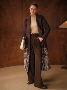 MOTF PREMIUM Women's Fashionable Brown Embroidered Overcoat - Coffee Brown - View 7