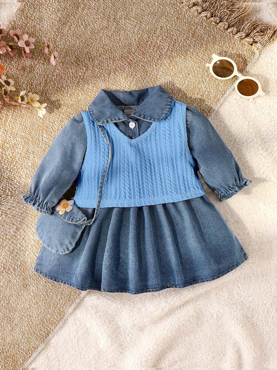 SHEIN Vintaside Kids 2pcs Baby Girls Denim Dress & Cable Knit Vest Set, Autumn/Winter - Blue - View 1