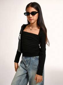 Radiana Tween Girls T-Shirt With Queen Anne Neckline For Everyday Casual Style Long Sleeve,Fall/Winter,Halloween ,Christmas,Party,Graduation ,Elegant - Black - View 4