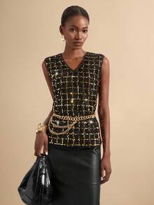 SHEIN Veneréa Women's Contrast Color Sequin V-Neck Sleeveless Tank Top