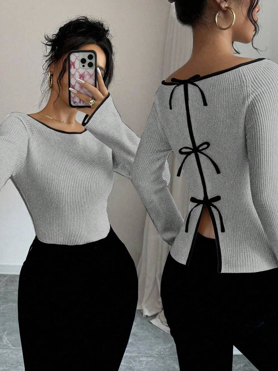 Elenzga Camiseta de mujer con lazo decorativo, cuello redondo, manga raglán y puños acanalados, ajustada y con bajo abierto, de moda - Gris - Ver 1