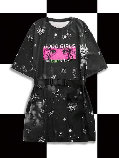 Shutterstock Y2Kool שמלת מיני קז'ואל קיץ עם צווארון עגול וצווארון נמוך לנשים, כתף נפתחת, שרוולים קצרים, קולקציית בגדים אופנתית, תלבושות לשנה החדשה, שמלת גרפיקה של גיארו, שמלה שחורה