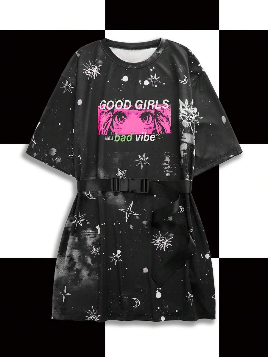 Shutterstock Y2Kool Women's Round Neck Drop Shoulder Short Sleeve Casual Summer Mini Dress Stylish Clothing Collection New Year Outfits Gyaru Graphic Dress Black Dress - Black - View 1