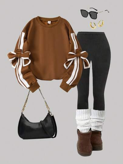 Sparklyn 1pc Tween Girl Oversized Crew Neck Pullover Sweatshirt, Long Sleeve, Loose Fit, Detachable Bowknot Cuff Decoration, Casual For Autumn