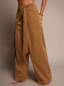 Vixey Quần ống rộng cạp cao co giãn nhẹ, không đối xứng, quấn bảng bất đối xứng - màu nâu - Xem 4