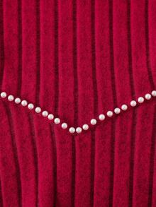 Elladie kids 年轻女孩时尚红色柔软罗纹圆领串珠泡泡袖收腰 V 领串珠 A 字连衣裙，适合新年、派对、春秋、冬季、圣诞节