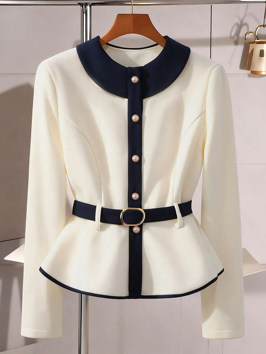 Lyxana Farbblockgürtel mit Kunstperlen-Metallschnalle, eleganter kurzer Damen-Mantel - Beige - Übersicht 1