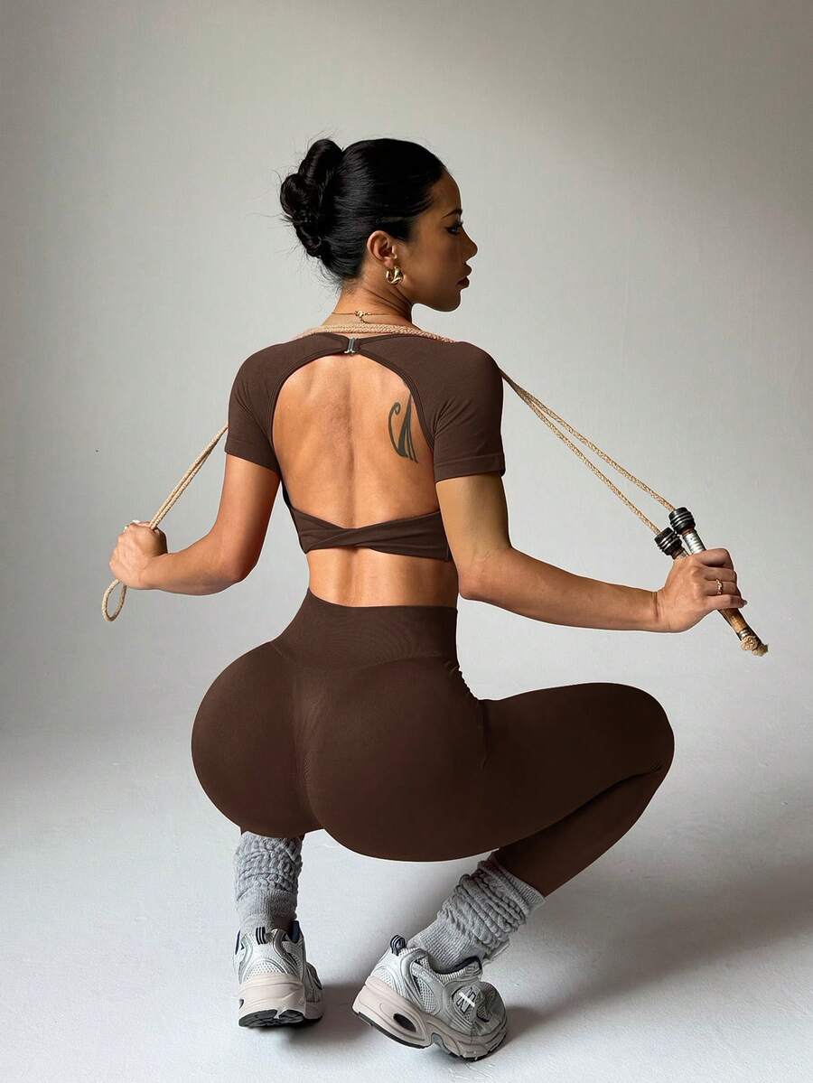 Easithlete Women's Solid Color Round Neck Short Sleeve Fitted Twist Hollow Short Top & Pants Sports Suit, Summer Brown Yoga Set Brown Gym Top Brown Workout Set Brown Athletic Set Yoga Dress - Brown - View 1