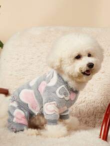 PETSIN 1件装宠物猫狗通用灰色爱心图案印花可爱时尚秋冬毛绒保暖舒适圆领狗狗连体衣 - 灰色 - 查看 2