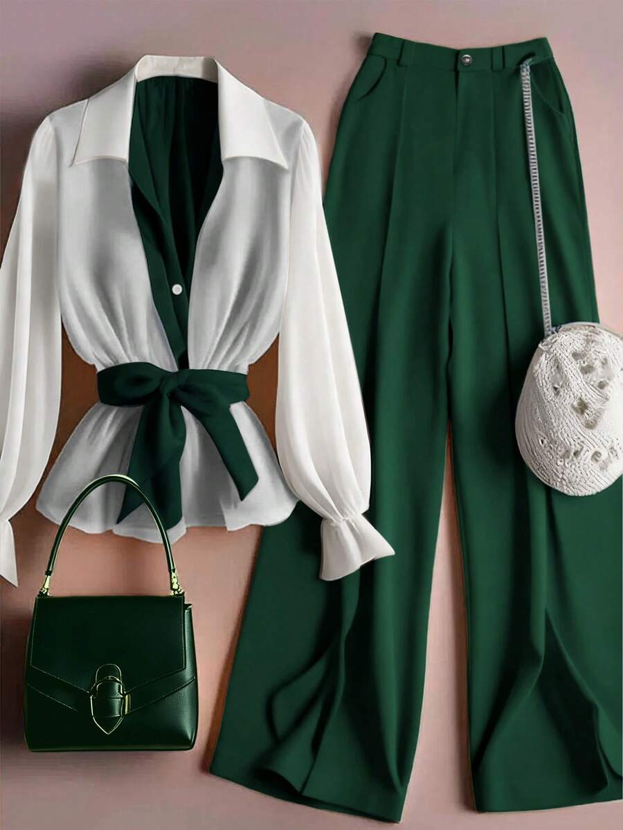 GlowEve Ensemble 2 pièces pour femme Dopamine : chemise et pantalon blocs de couleurs à la mode et rajeunissant - Militaire verte - Voir 1