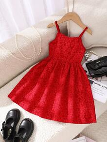 Elladie kids Young Girls Stylish Sweet Cute Bow Decor Red Camisole Minimalist Princess Style Dress - Red - View 3