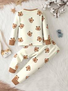 SHEIN Happikins Baby Boy Casual Cute Animal & Capybara Cartoon Print Snug Fit Round Neck Comfortable Long Sleeve Top And Pants Pajama Set, Suitable For Autumn/Winter - Multicolor - View 3