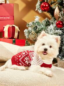 PETSIN 1件圣诞宠物猫狗通用红色爱心雪花费尔岛图案提花针织弹力舒适狗狗圣诞毛衣 - 彩色 - 查看 3