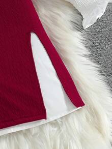 女士度假休闲优雅纹理针织背心搭配长袖翻领衬衫连衣裙两件套，适合日常穿着 - 酒紅色 - 查看 6