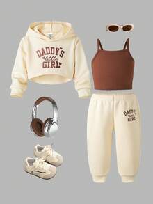 SHEIN 3pcs/Set Baby Girls' Casual Sports Minimalist Sweatshirt Set, Spring/Autumn - Beige - View 1