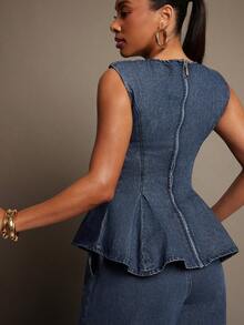 Vixey 垫肩圆领无袖荷叶边牛仔上衣 - 中等水洗藍 - 查看 2