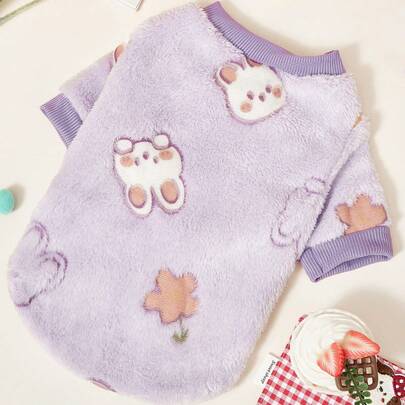 PETSIN 1件宠物猫狗通用紫色小兔子可爱图案印花毛绒保暖弹性舒适狗狗圆领