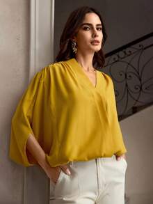 ZEYLAH Blusa escultural de seda de morera 6A con cuello en V, nueva blusa para ir al trabajo - Amarillo - Ver 6