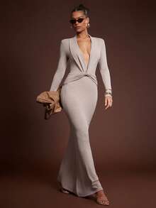 Hauture Women's Casual Elegant Low Front With Ruched Waist Long Sleeves Mermaid Maxi Knit Dress - Khaki - View 1