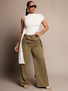 Vixey Áo thun xếp ly tay bất đối xứng lưới màu nâu trơn có dây thắt lưng - trắng - Xem 1