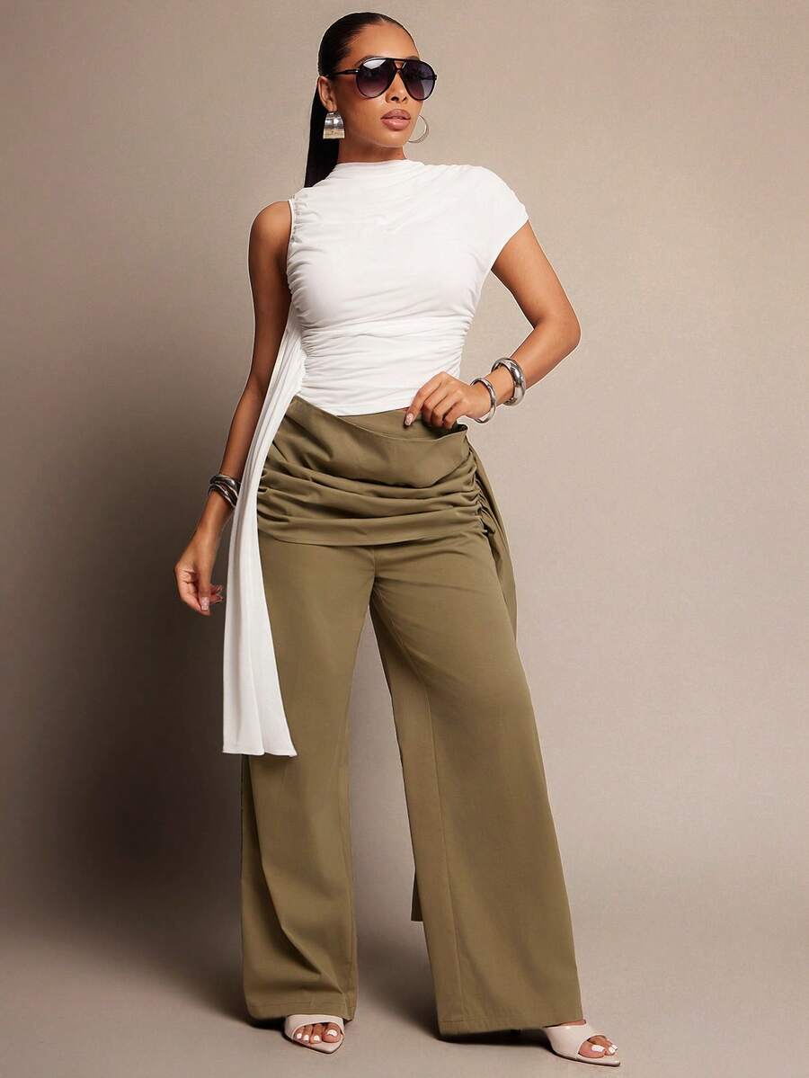 Vixey Áo thun xếp ly tay bất đối xứng lưới màu nâu trơn có dây thắt lưng - trắng - Xem 1