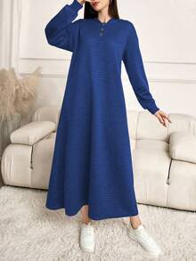 Lacomfia 女士纯色纽扣设计落肩长袖休闲宽松连帽阿拉伯连衣裙 - 藍色 - 查看 5