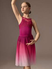 SHEIN Trang phục 2 mảnh cho bé gái tuổi mới lớn: Áo liền quần hở lưng ren mềm mại + Chân váy lưới ombre cạp chun, vải co giãn thoải mái, thích hợp cho khiêu vũ, múa ba lê, yoga - Màu đỏ tím - Xem 7