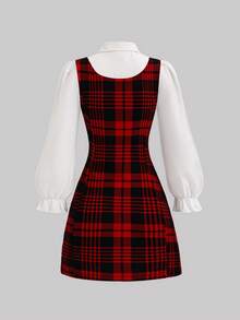 Elladie kids 1 件年轻女孩优雅格子珍珠纽扣长袖连衣裙，适合圣诞派对、度假、旅行、休闲装 - 白色 - 查看 2