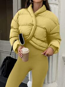 EMERY ROSE Women's Solid Color Long Sleeve Short Casual Winter Jacket - Light Yellow - View 5