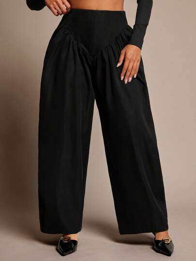 Vixey Pantalones de oficina de cintura alta con cordones en la espalda y cintura caída