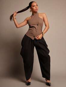 Vixey Cross Over Halter Neck Gold Accent Button Vest Top - Camel - View 1