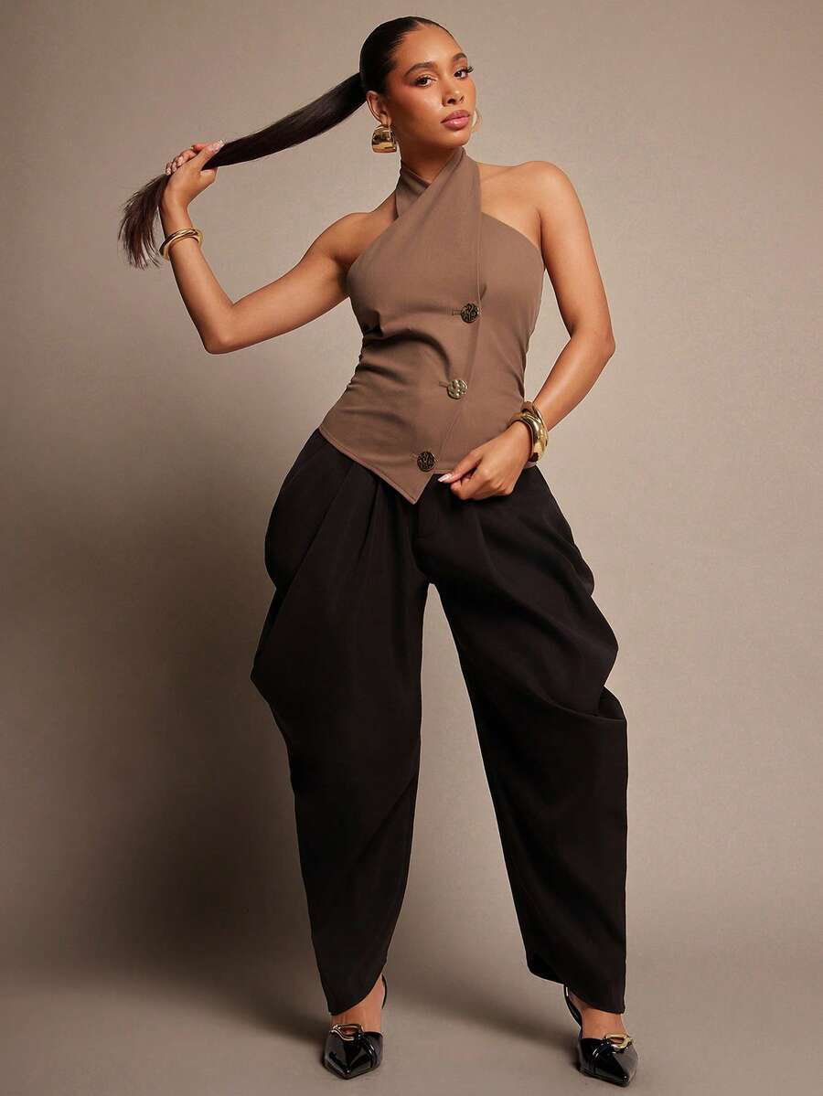 Vixey Cross Over Halter Neck Gold Accent Button Vest Top - Camel - View 1