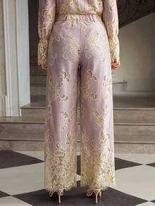 ZEYLAH Quần âu nữ cổ điển có túi khoét rỗng phối ren màu tương phản - Màu tím - Xem 6