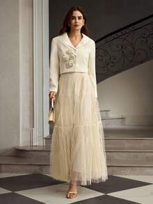 ZEYLAH Women's Elegant Gold & Silver Metallic Elastic Waist MesSkirtrt - Apricot - View 7