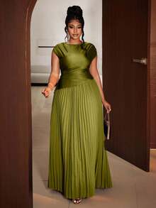 Maweii 大码女士圣诞派对优雅纯色褶皱圆领无袖连衣裙 - 綠色 - 查看 4