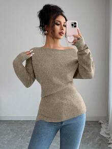 Elenzga Women's Solid Color Oblique Shoulder Long Sleeve Casual Sweater, Autumn/Winter - Khaki - View 3