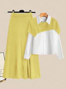 GlowEve 女士撞色长袖上衣和裙子两件套毛衣套装 - 淡黃色 - 查看 7