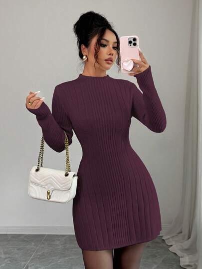 Elenzga Vestido ajustado de línea A de manga larga con cuello alto acanalado, que estiliza y ciñe la cintura para mujeres