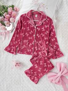 2 件套可爱天鹅绒蝴蝶结花卉印花长袖开衫和裤子舒适女孩休闲家居服 - 彩色 - 查看 4