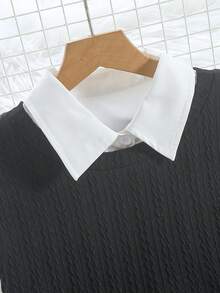 Sparklyn 2 件套青少年女孩优雅舒适长袖衬衫裙搭配纹理针织长开衫背心套装 - 黑色 - 查看 4