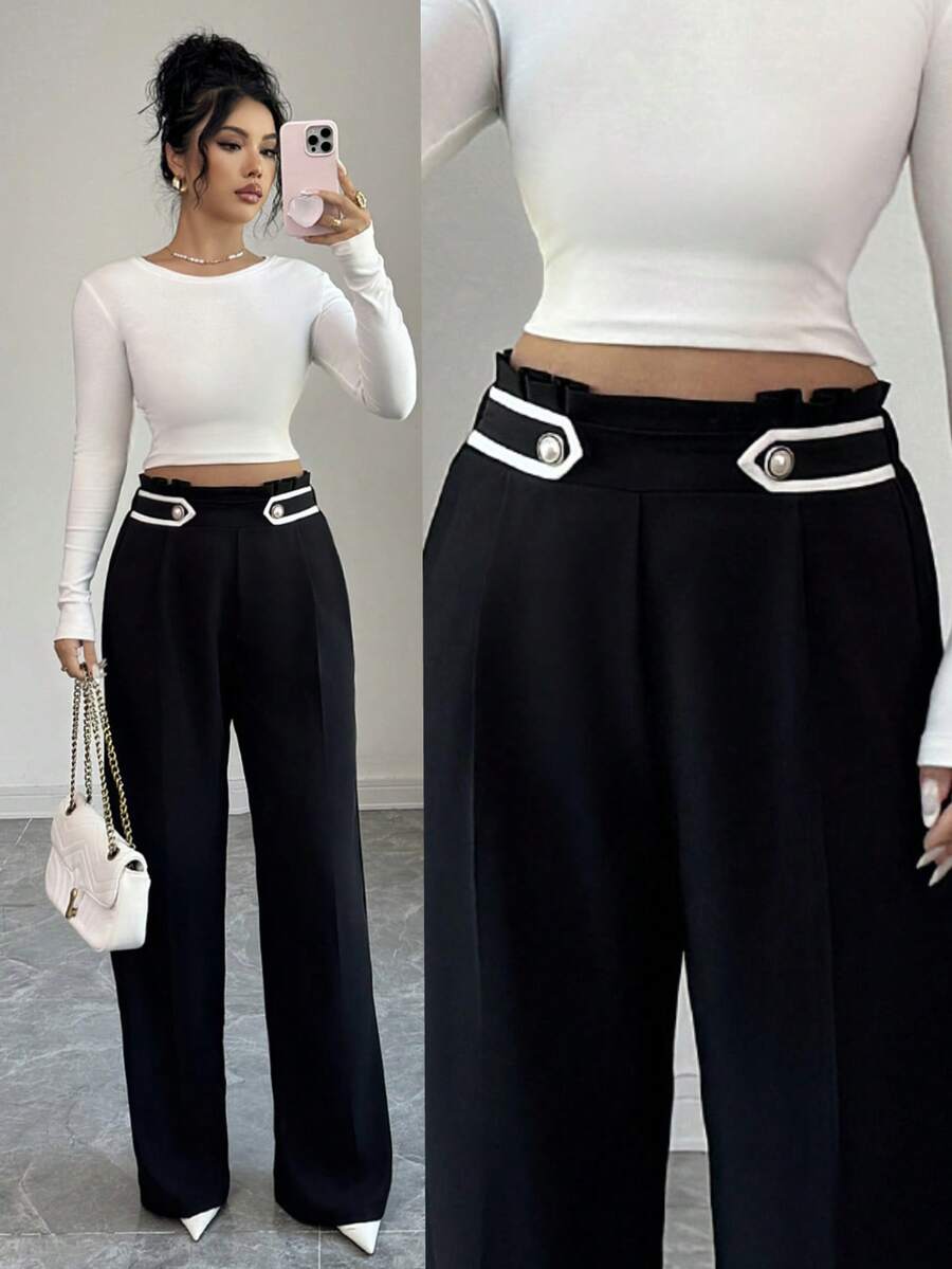 SHEIN Elenzya Women's Casual/Office Black Pants With Waist Pleats And Button Decor - Black - View 1