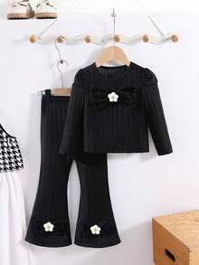 Girls Casual Minimalist Round Neck Raglan Long Sleeve Short Solid Color 3D Bow Knit Flower T-Shirt Paired With High Waist Long Flared Solid Color Fuzzy Ribbed Pants Set, Fashionable Autumn/WinterTwo Piecese Outfit For Girls - Black - View 4